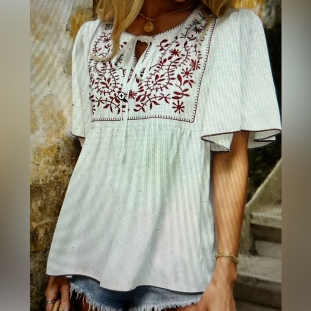 Boho White and Red Floral Print Butterfly Sleeve Blouse